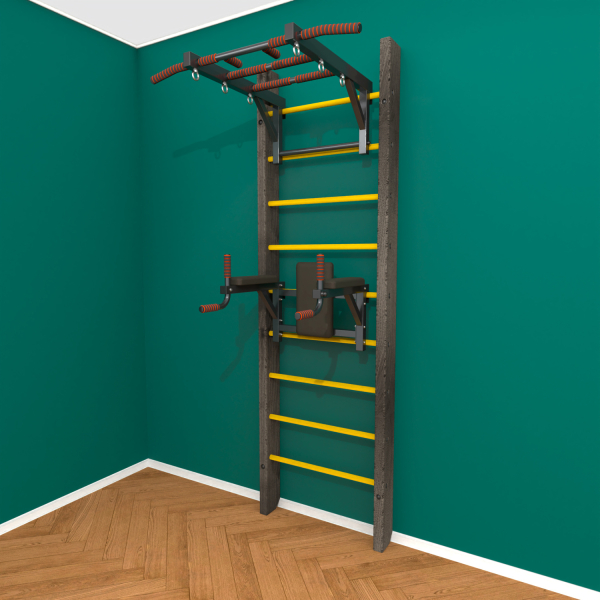 Брашированная шведская стенка "Кастерли" Black ТБ (Желтые ступени)